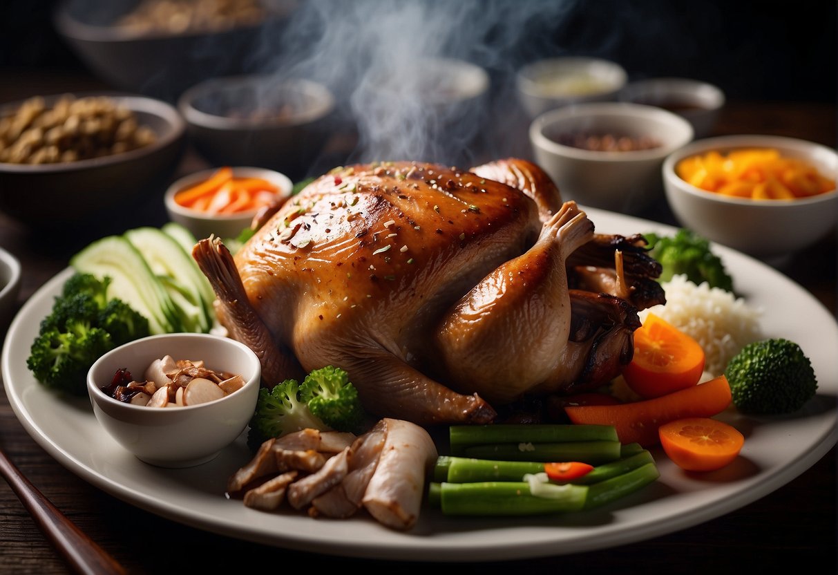 A plate of leftover Chinese roast duck, surrounded by various ingredients and cooking utensils, with steam rising from the dish
