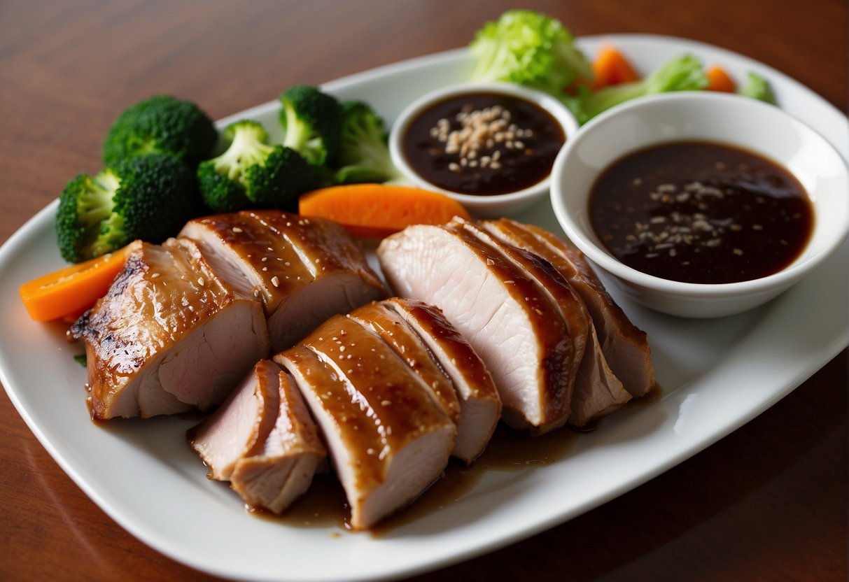 A plate of leftover Chinese roast duck with a side of steamed vegetables and a small bowl of hoisin sauce on the side