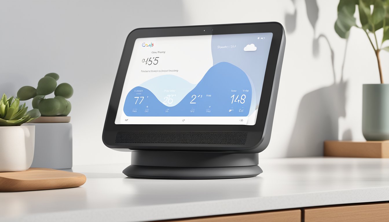 The Google Nest Hub sits on a sleek, modern countertop, displaying weather, calendar, and music controls. A nearby shelf holds smart home devices. Buy it in Singapore