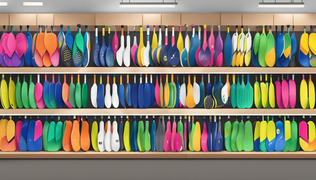 A display of pickleball paddles in a sports equipment store in Singapore, with various brands and models showcased on shelves for customers to browse and purchase