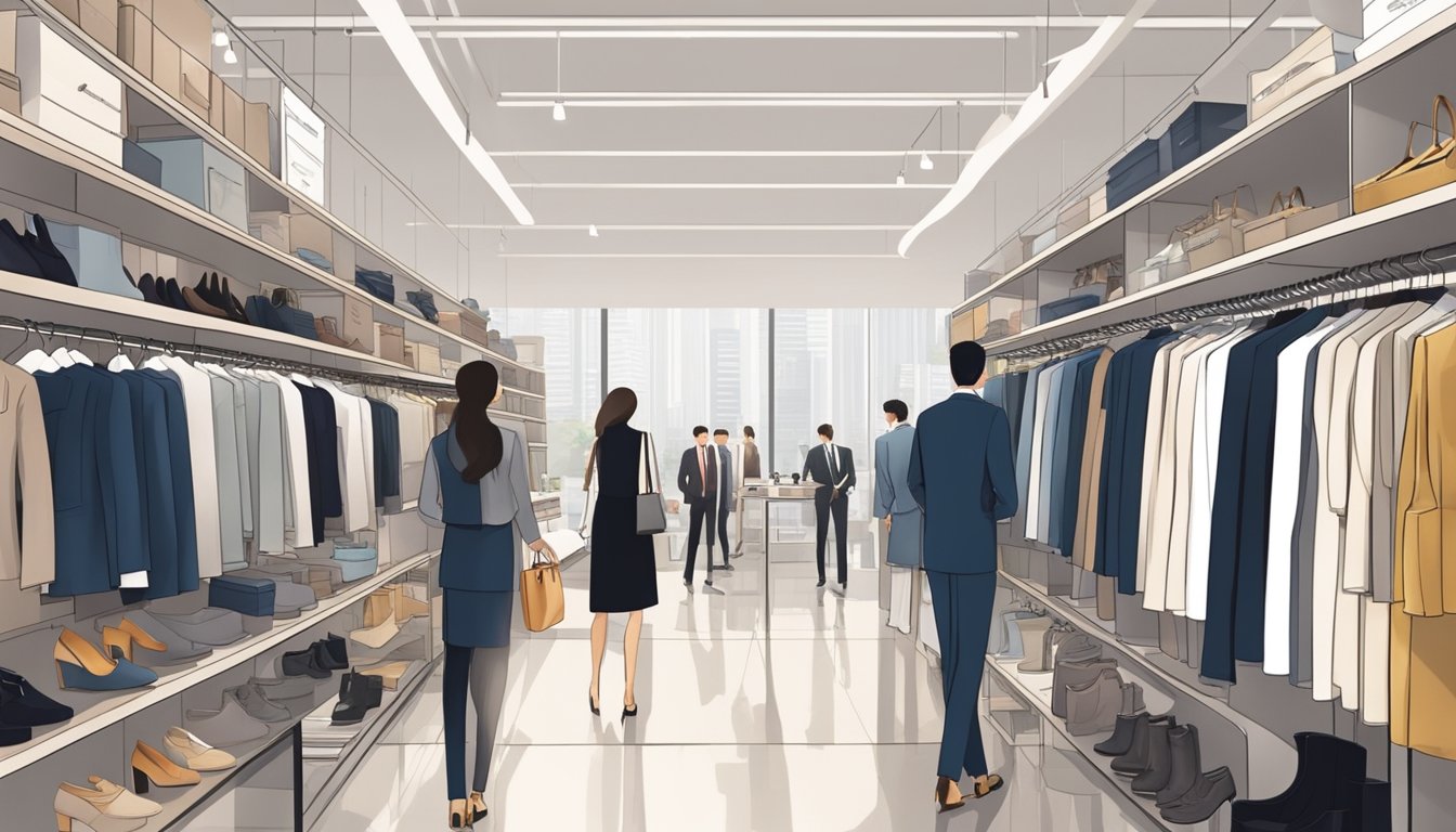Customers browsing racks of professional attire in a modern, well-lit store in Singapore. Mannequins display stylish office wear. Shelves neatly organized with shoes and accessories