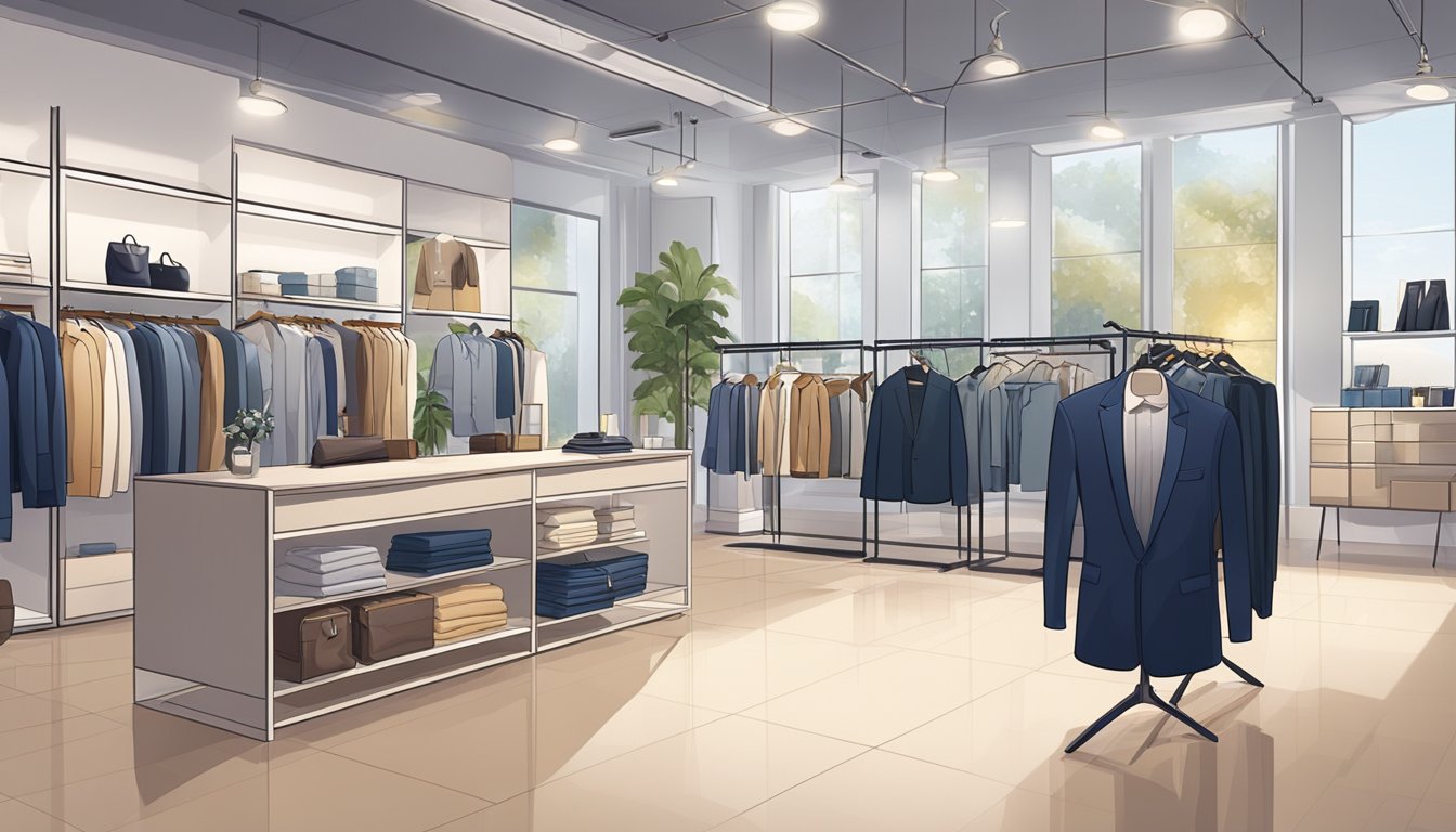A well-organized clothing store with racks of professional attire and accessories. Mannequins display stylish office outfits. Bright lighting and modern decor create a welcoming atmosphere