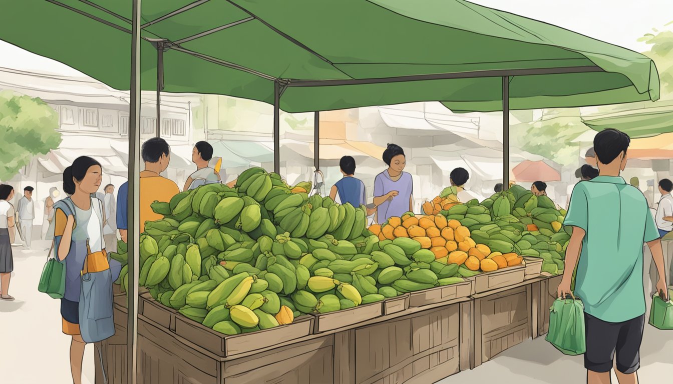 A bustling market stall in Singapore sells green papayas