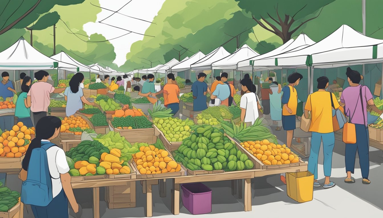 A bustling outdoor market with colorful stalls selling fresh green papayas in Singapore. Vendors are busy arranging their produce while customers inspect the vibrant fruits