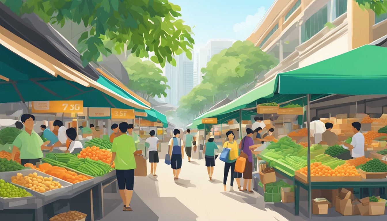 A bustling marketplace with vendors selling fresh green papaya, surrounded by various convenience and service shops in Singapore