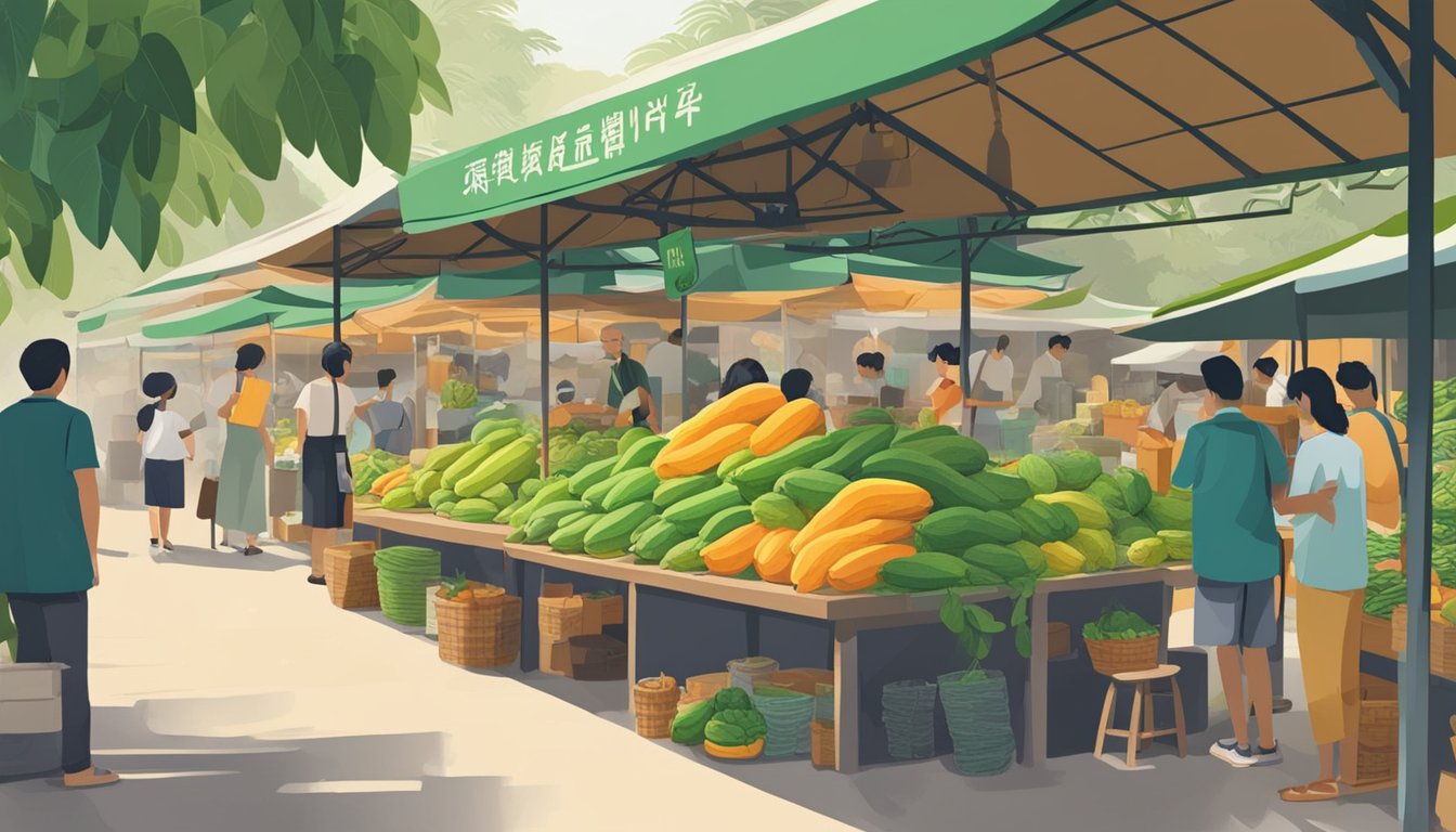 A bustling market stall with vibrant green papayas on display, customers browsing and a sign reading "Frequently Asked Questions: where to buy green papaya in Singapore"