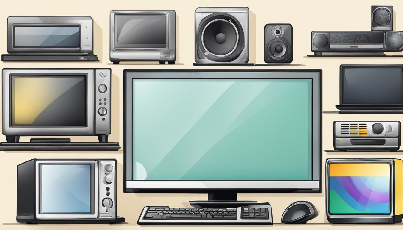 Various home electronics displayed on a website. Add to cart and checkout buttons visible. Online shopping concept