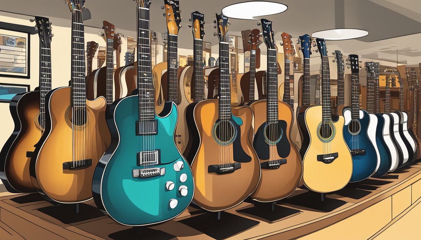 A display of guitars in a well-lit music store, with a variety of shapes, sizes, and colors available for purchase
