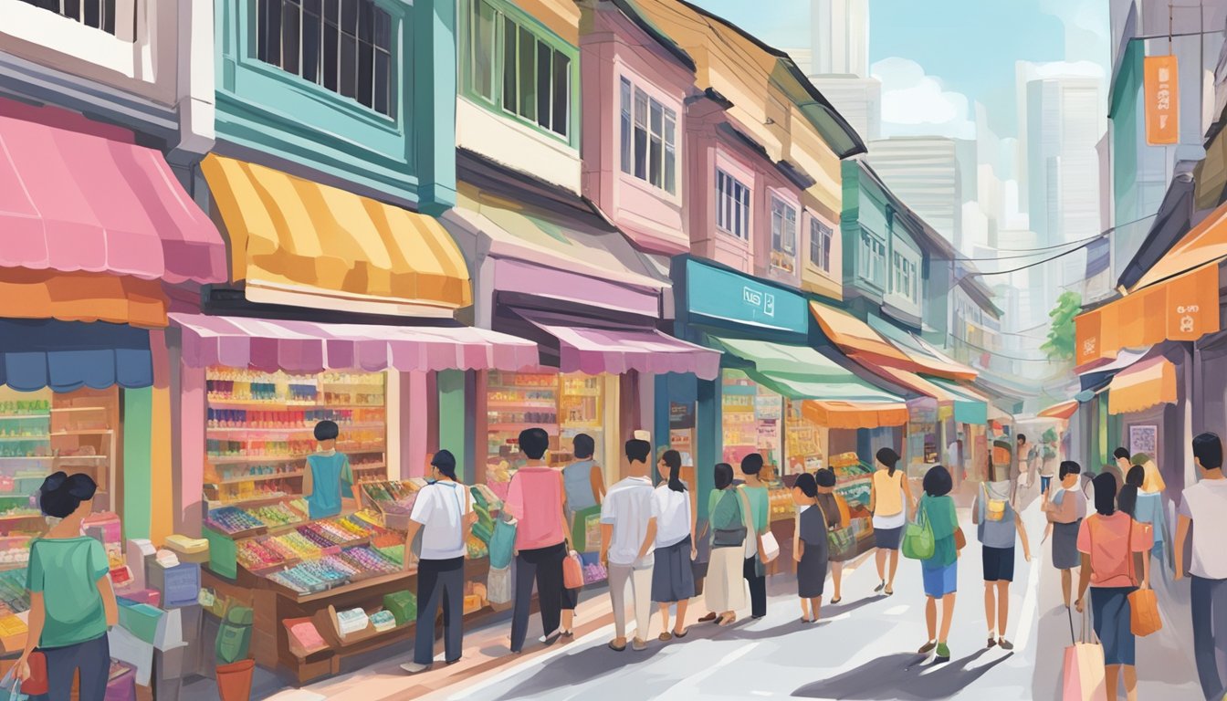 A bustling street in Singapore, with colorful storefronts and signs advertising hair brushes. Shoppers browse through the selection, while a vendor arranges the display
