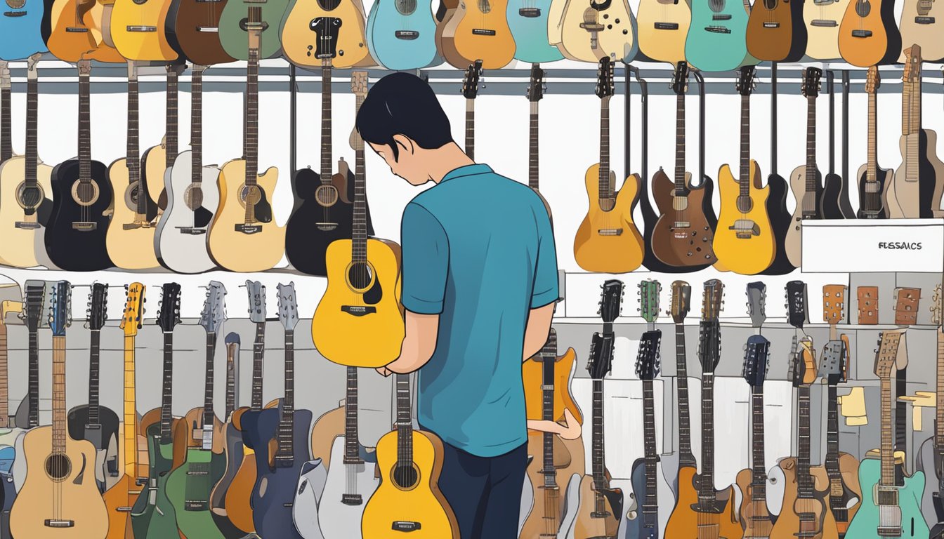 A person browsing through a variety of guitars on display in a music store in Singapore, with a sign reading "Frequently Asked Questions" above the section