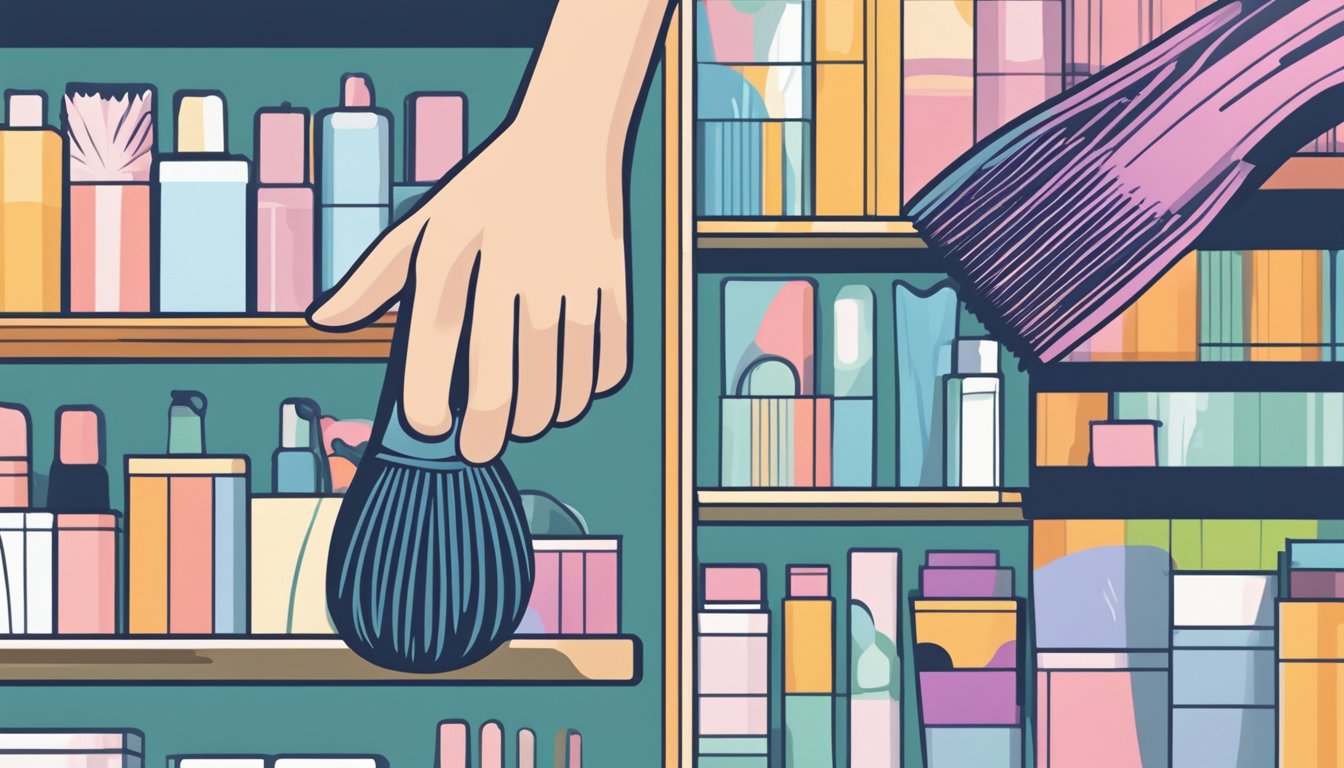 A hand reaches for a hair brush on a sleek, modern shelf in a well-lit store in Singapore