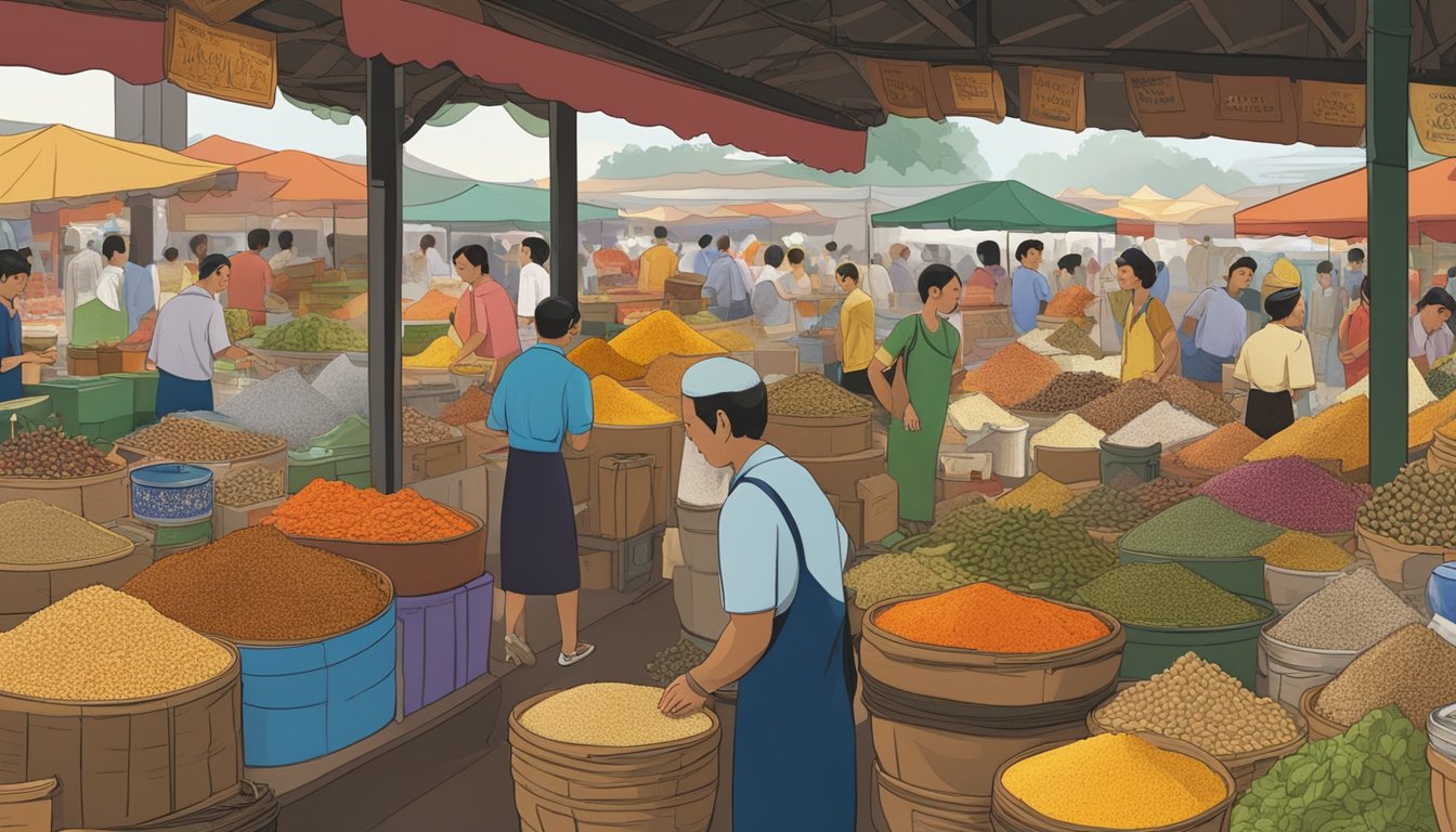 A bustling Singaporean market stall displays various spices, including a prominent jar of Old Bay seasoning. Shoppers browse the colorful array of products, while a vendor stands ready to assist