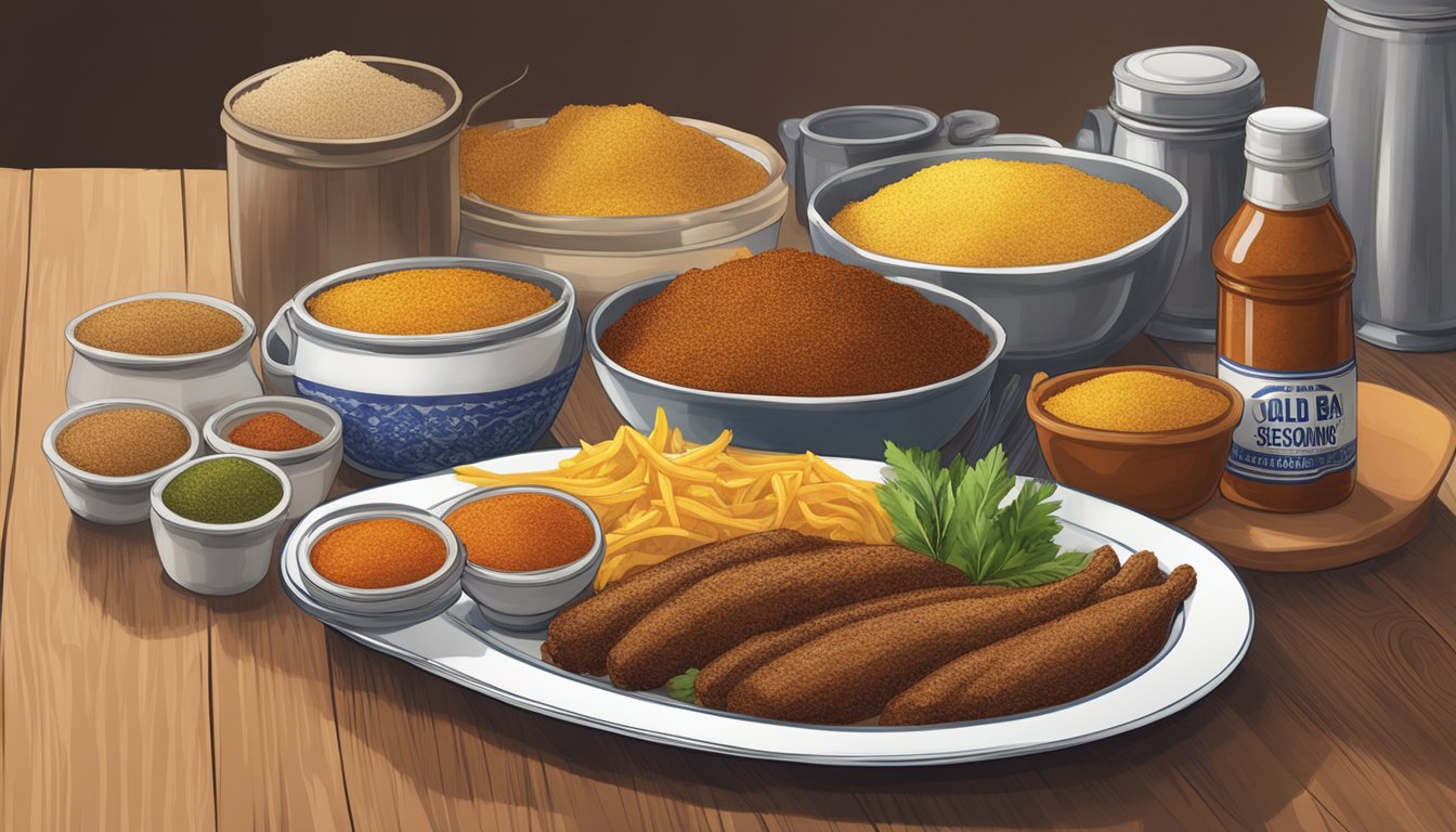 A table set with various dishes seasoned with Old Bay Seasoning, with a prominent container of the seasoning in the background