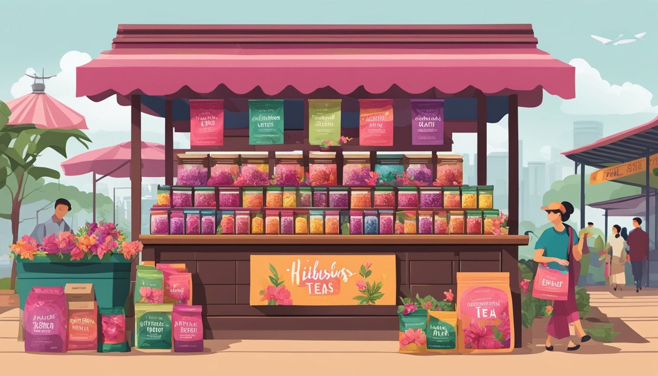 A bustling market stall displays various hibiscus tea blends in vibrant packaging, with a sign proudly declaring "Hibiscus Tea for Sale" in Singapore
