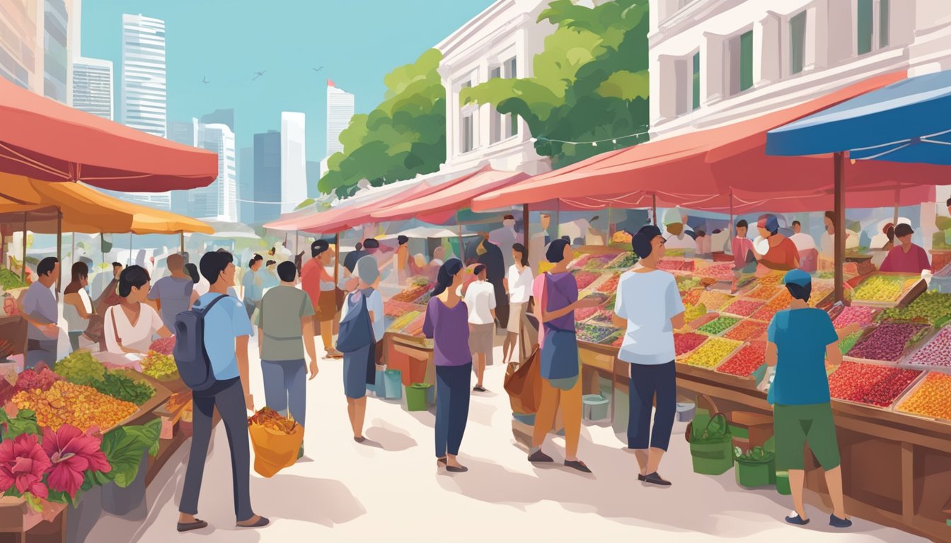 A bustling marketplace in Singapore showcases vibrant hibiscus tea displays, with locals and tourists alike sampling and purchasing the exotic beverage