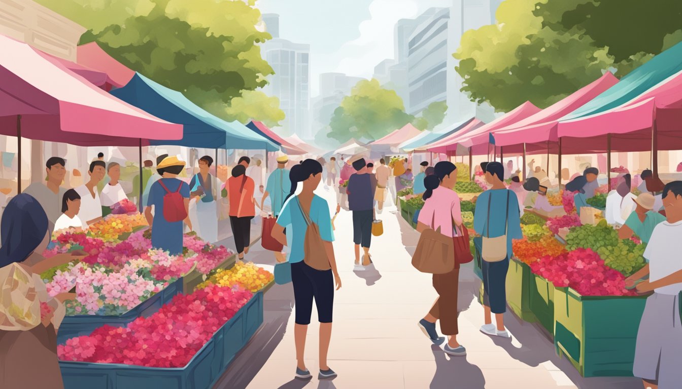 A bustling street market with colorful stalls selling hibiscus tea in Singapore. Vendors display large jars of the tea, surrounded by vibrant hibiscus flowers and eager customers