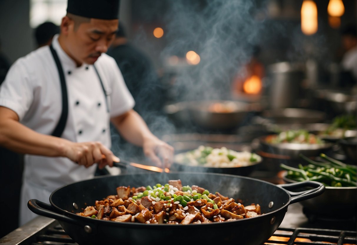 A wok sizzles as leftover pork is stir-fried with ginger, garlic, and green onions. Soy sauce and hoisin add savory depth to the Chinese dish