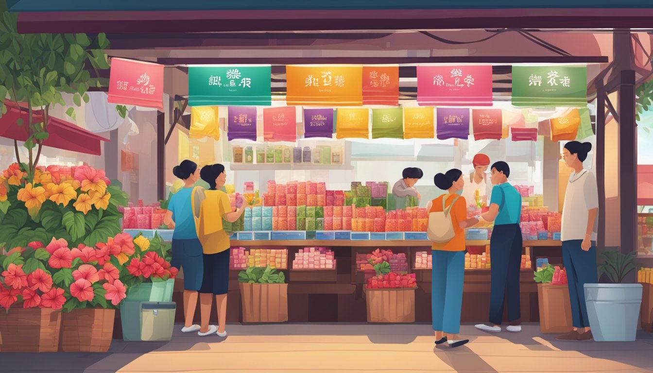 A bustling market stall displays vibrant hibiscus tea packages in Singapore. Customers inquire about the product, while the seller eagerly answers their questions