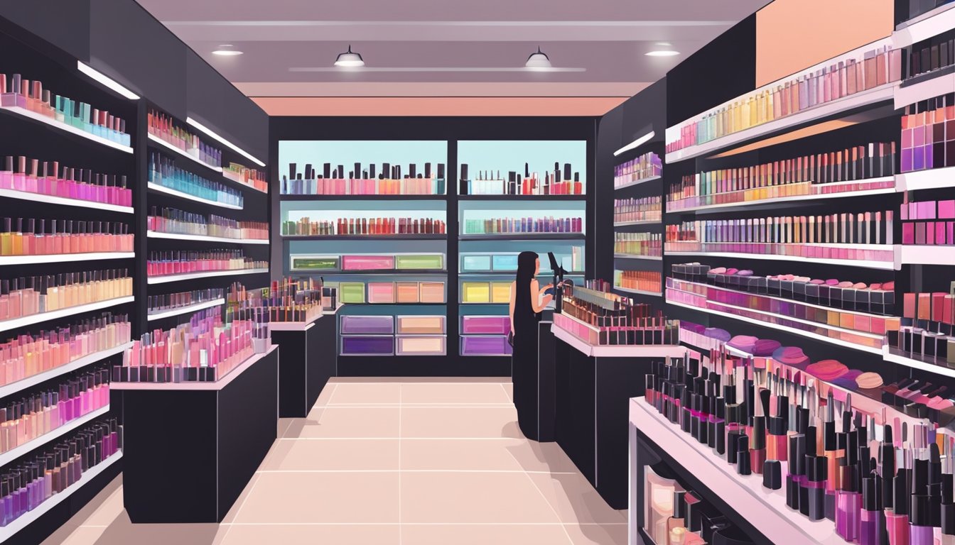 A bustling makeup store in Singapore, shelves lined with Addiction cosmetics. Customers browsing vibrant eyeshadows and luxurious lipsticks