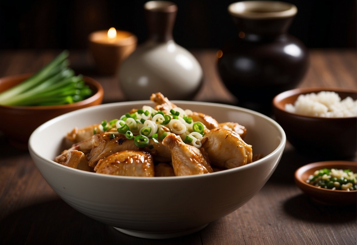A table with a bowl of leftover roast chicken, soy sauce, ginger, garlic, and green onions for Chinese chicken dishes