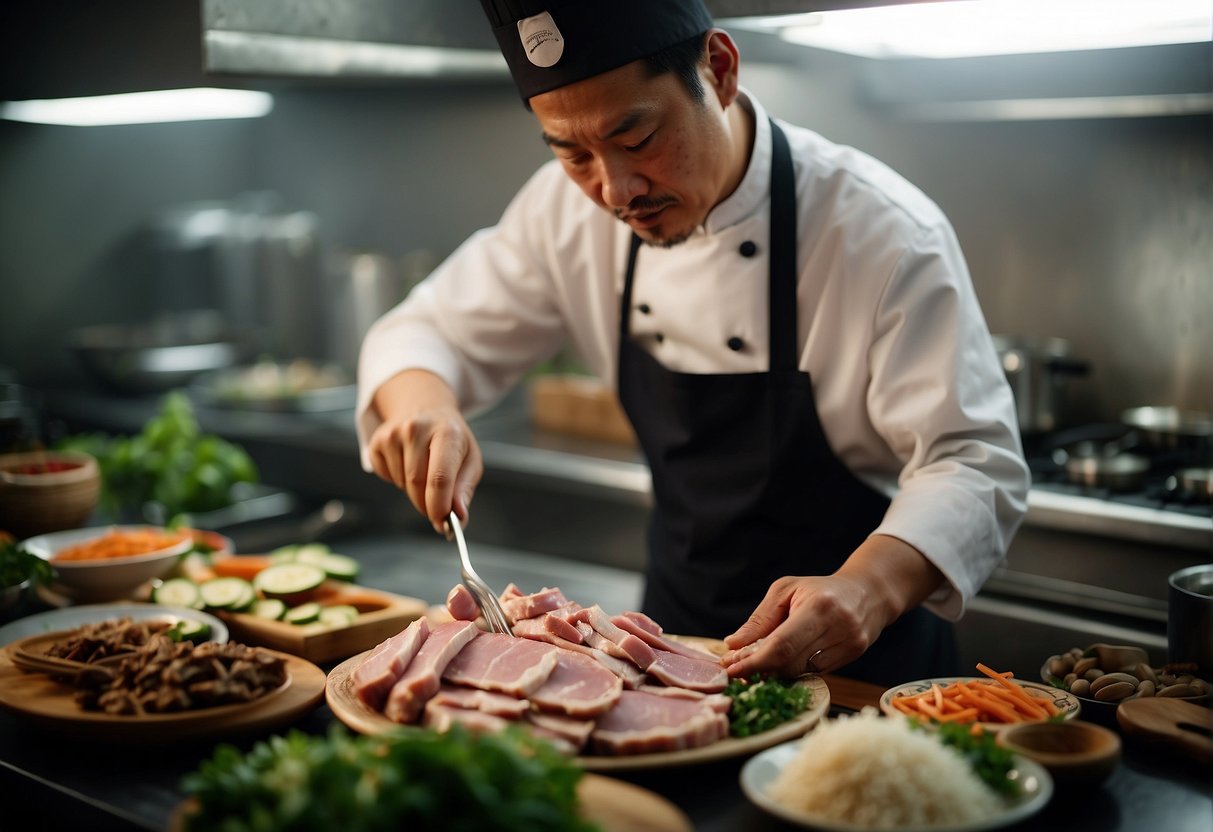 A chef slicing leftover pork for a Chinese dish, surrounded by traditional ingredients and cooking utensils