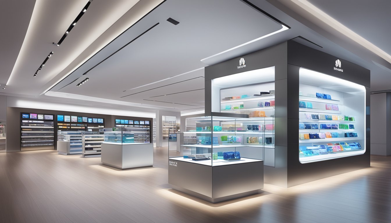 A sleek, modern electronics store in Singapore displays the latest Huawei watches in a well-lit glass case