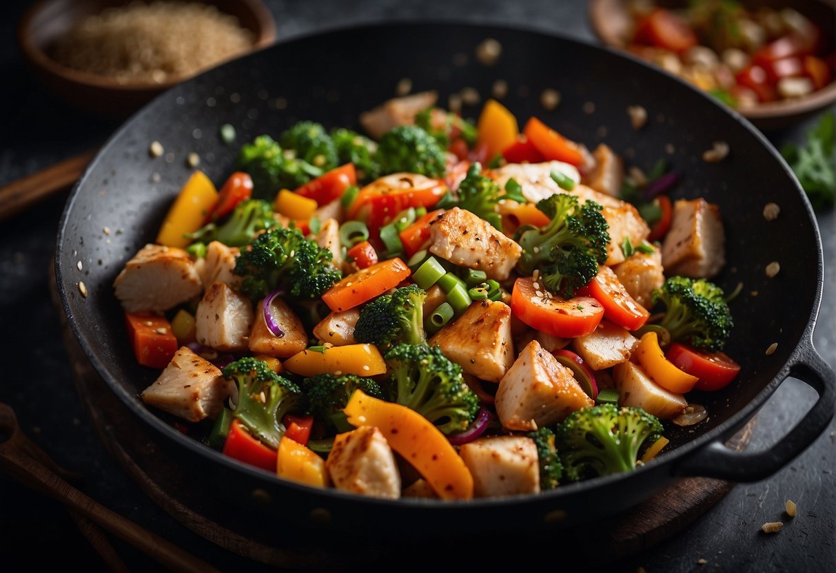 Sizzling stir-fry pan with chopped leftover roast chicken, colorful diced vegetables, and aromatic Chinese seasonings