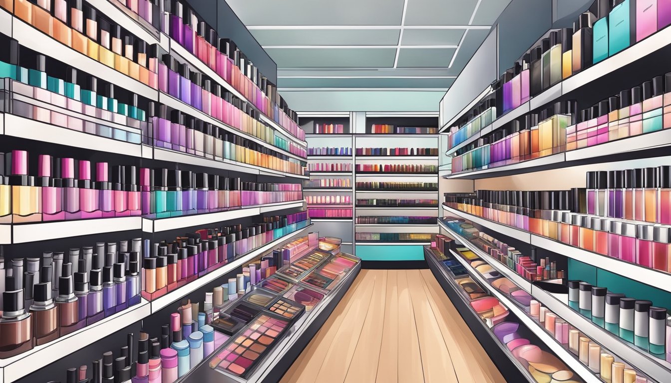 A colorful array of makeup products displayed on shelves in a modern beauty store in Singapore