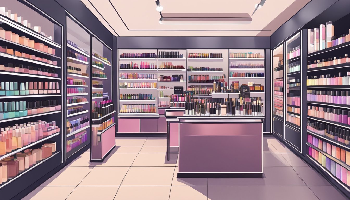 A bustling makeup store in Singapore, with shelves stocked full of addiction makeup products. Customers browse and ask staff for assistance