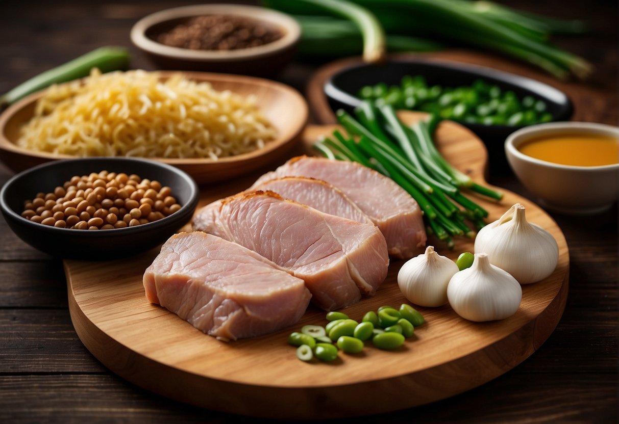 A variety of essential ingredients and seasonings for leftover pork recipes, including soy sauce, ginger, garlic, and green onions, are laid out on a wooden cutting board
