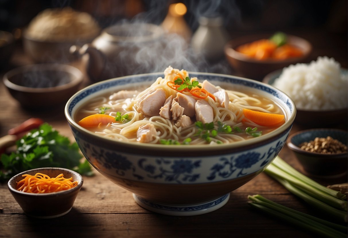 A steaming bowl of noodle soup filled with chunks of leftover roast chicken, surrounded by various Chinese cooking ingredients and utensils