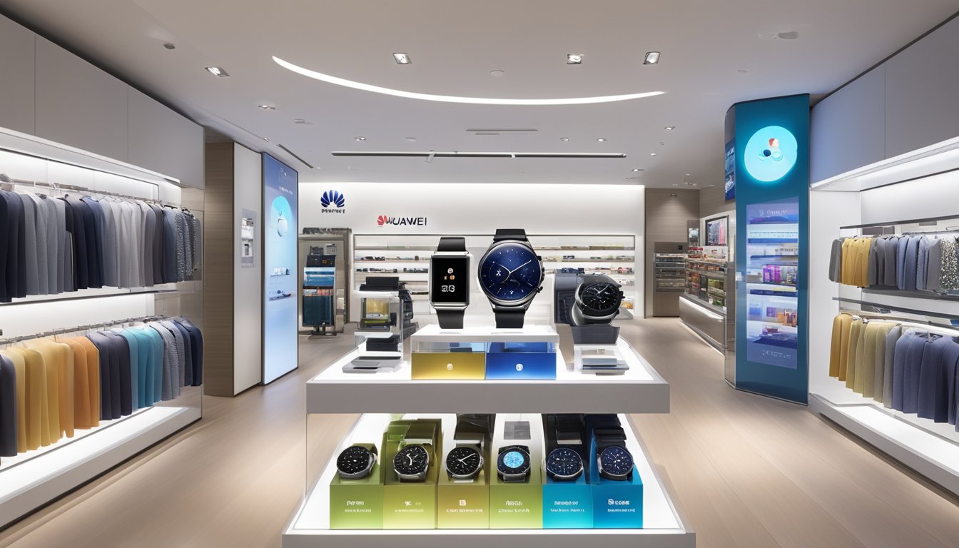 The Huawei watch is displayed on a sleek, modern store shelf in Singapore. The store is well-lit, and the watch is surrounded by other high-tech gadgets