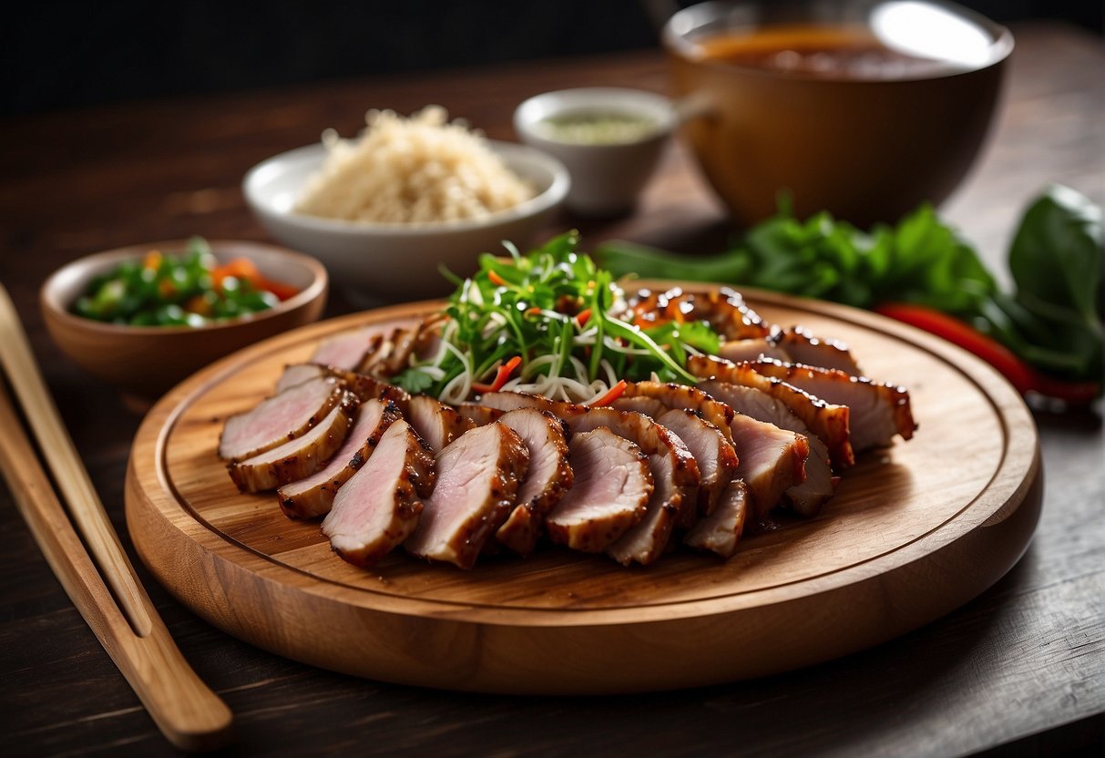 A cutting board with sliced pork, a wok with stir-fry ingredients, and a bowl of marinade