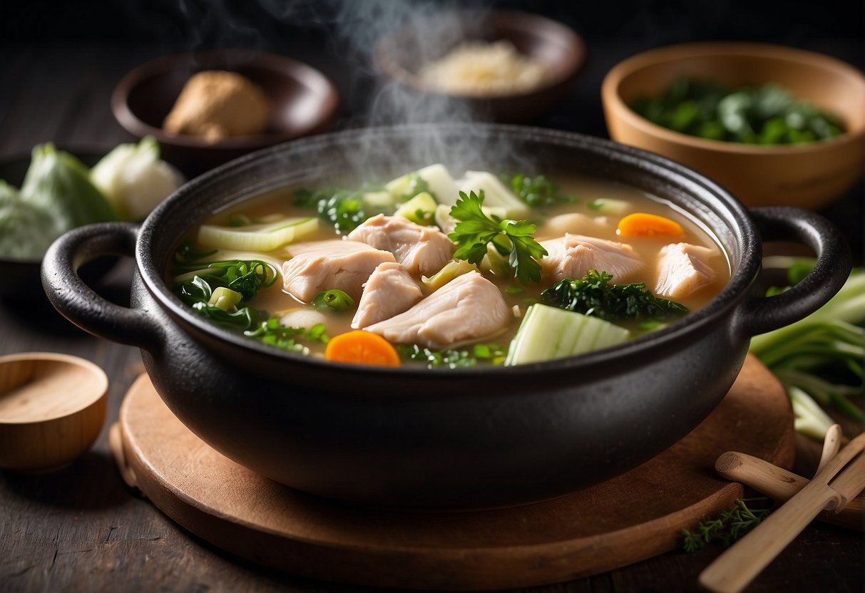A steaming pot of Chinese chicken soup with chunks of leftover roast chicken, surrounded by traditional Chinese ingredients like ginger, scallions, and bok choy