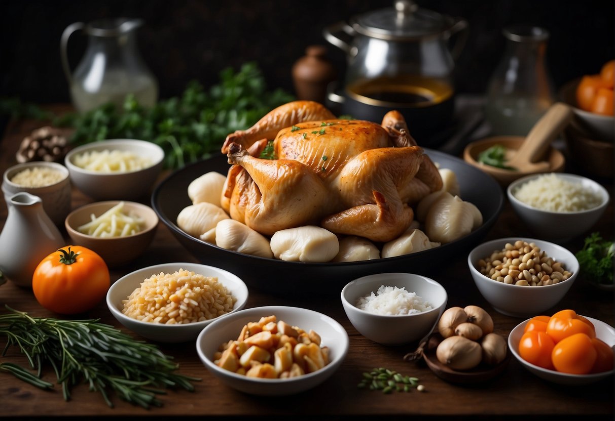A table with various ingredients and cooking utensils, showcasing the process of preparing leftover roast chicken for Chinese recipes