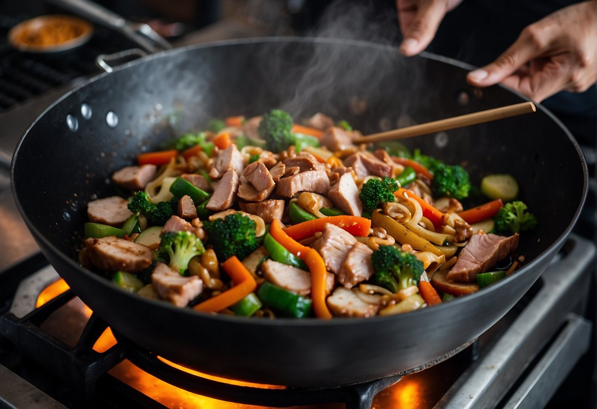 A chef stir-fries leftover pork with vegetables in a sizzling wok, creating a mouthwatering Chinese dish
