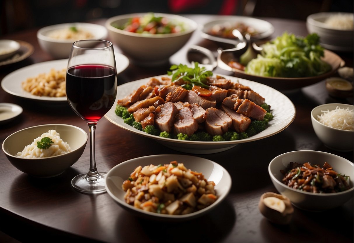 A table set with various Chinese dishes and a platter of leftover pork, accompanied by suggested wine pairings