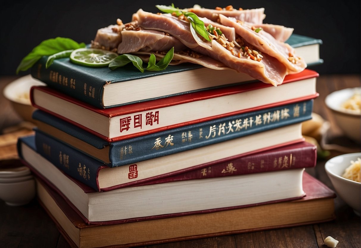 A stack of Chinese recipe books with "Leftover Pork" section highlighted