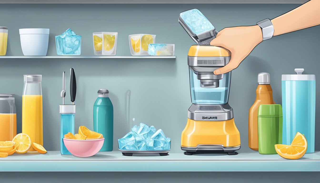 A hand reaches for an ice shaver on a shelf in a store, surrounded by various kitchen appliances and utensils