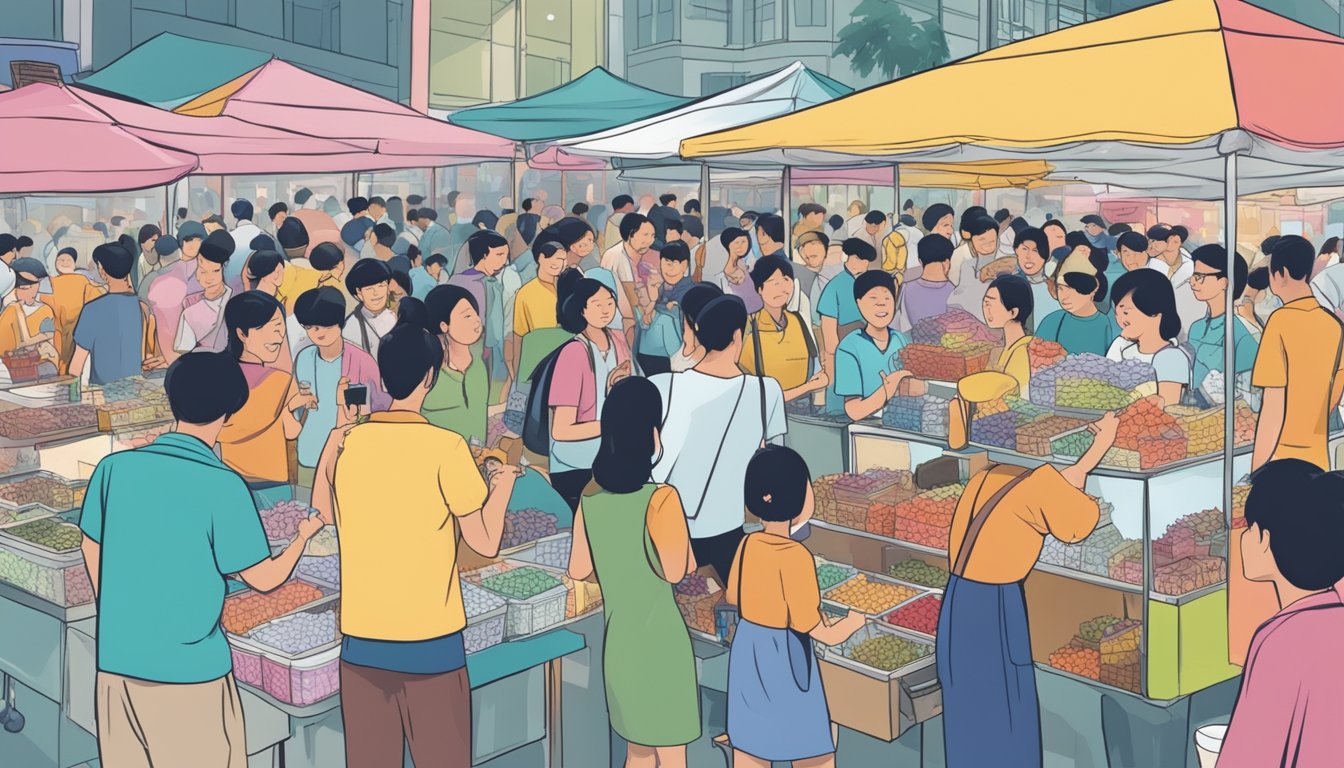 A bustling market stall in Singapore, with colorful signs advertising "ice shavers" and a crowd of customers eagerly inquiring about the product