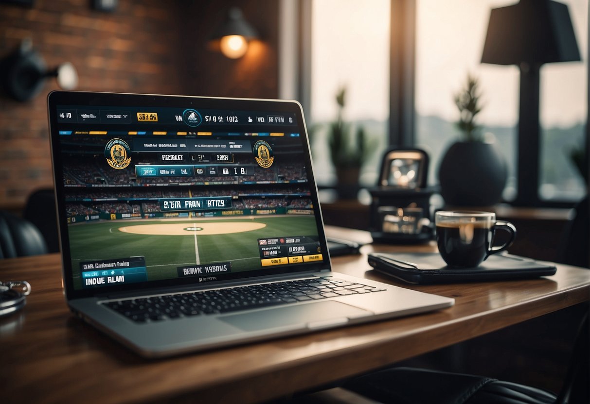 A laptop displaying a sports betting website with a VPN logo in the corner, surrounded by sports equipment and a television showing a live game
