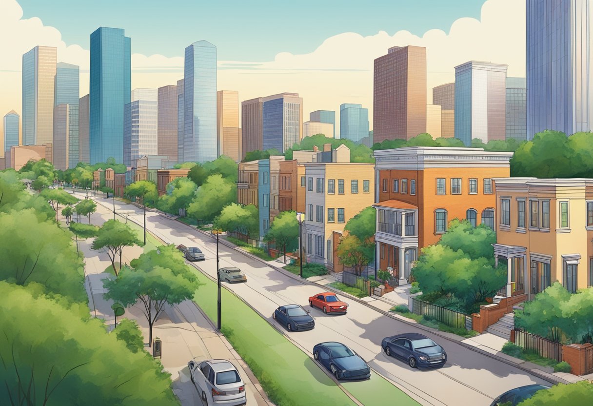 A bustling Houston street lined with diverse homes, from modern high-rises to traditional suburban houses, surrounded by lush greenery and a mix of urban and natural landscapes