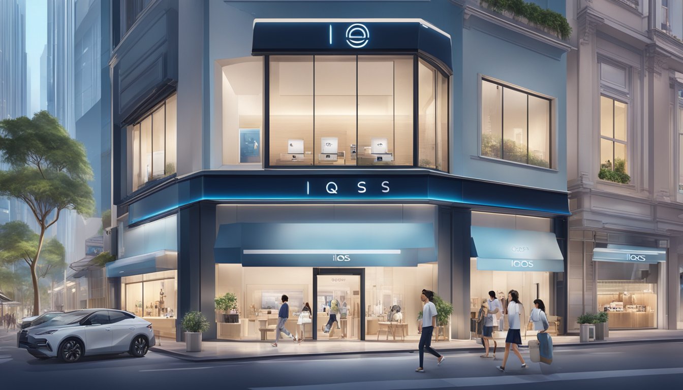 A modern, sleek storefront with the IQOS logo prominently displayed in a bustling shopping district in Singapore