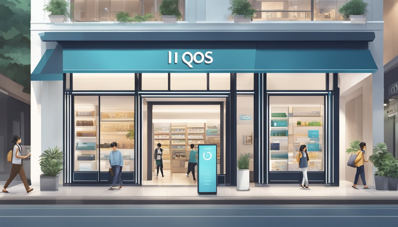 A modern storefront with "IQOS" signage in a bustling Singapore shopping district