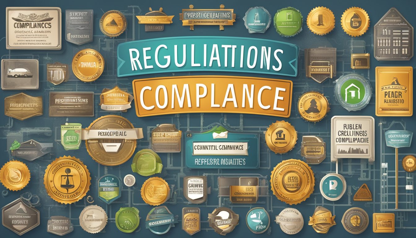 A store sign with "Regulations and Compliance" displayed prominently, surrounded by various government and industry certification logos