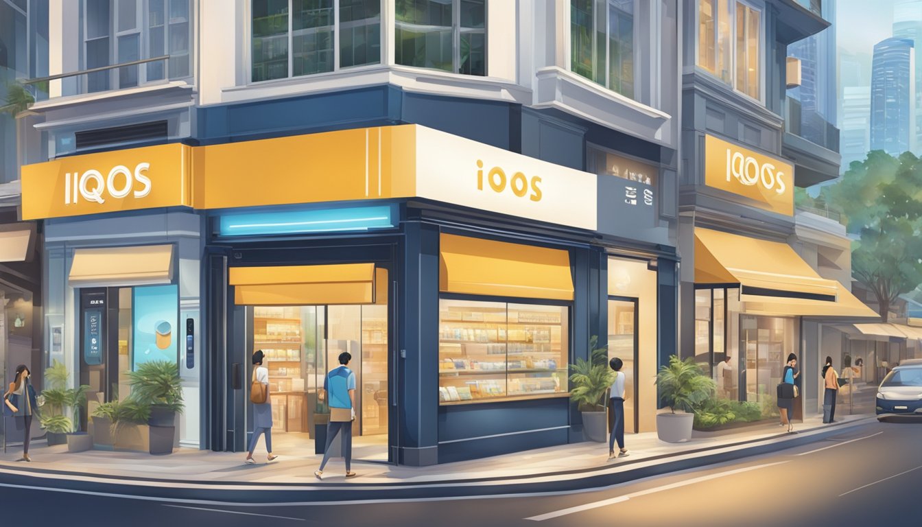 A store front with a prominent "IQOS" sign, surrounded by bustling city streets in Singapore