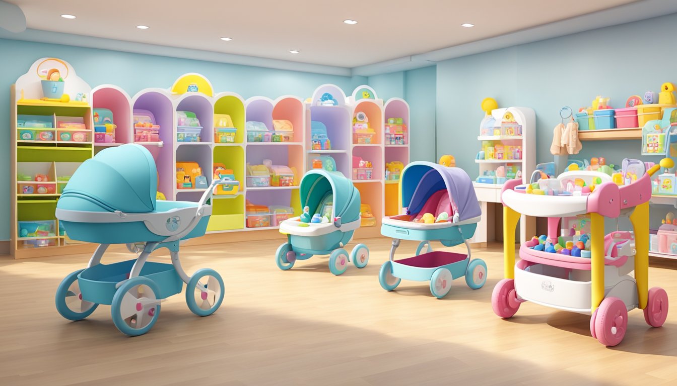 A bright and spacious baby store in Singapore displays a variety of baby walkers, with colorful designs and safety features