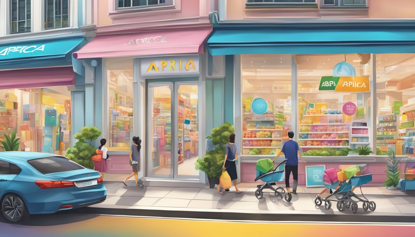A bustling shopping street in Singapore, with colorful storefronts and a prominent sign for a baby products store, showcasing the Aprica stroller in the window display