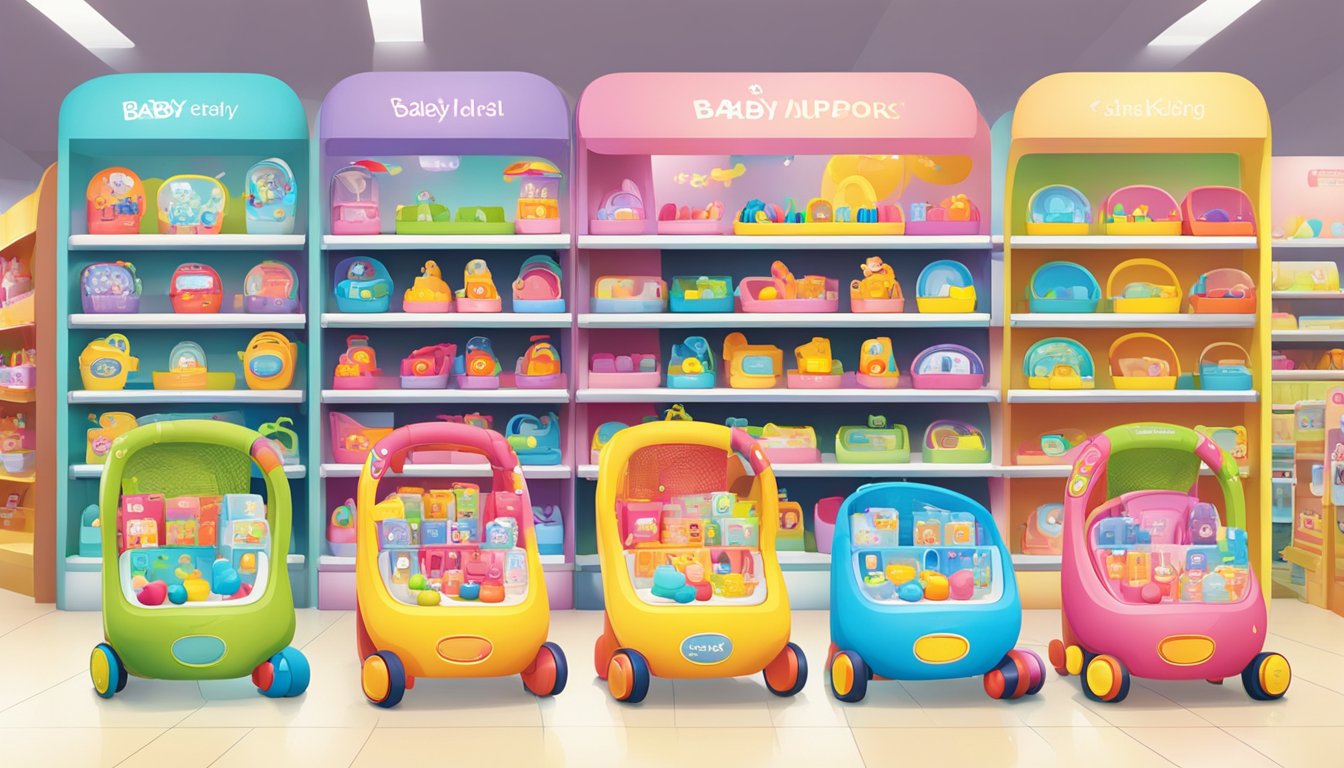 A display of various baby walkers in a brightly lit store in Singapore, with colorful and engaging designs