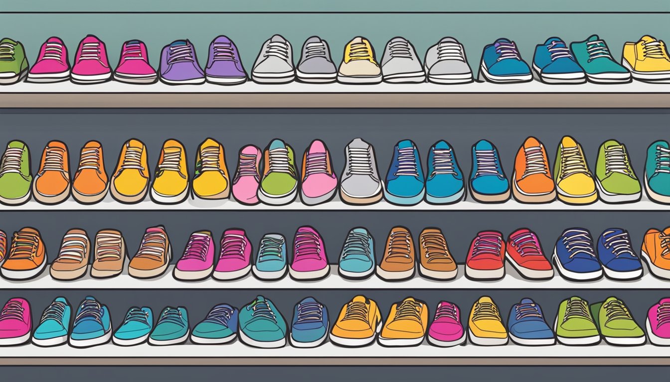 A colorful display of shoelaces in various lengths and styles, neatly organized on shelves in a Singaporean store